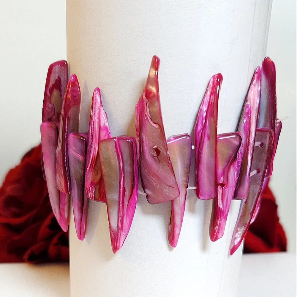 Pink Mother of Pearl Spikey Shell Stretch Bracelet HOT Pink Statement Bracelet
